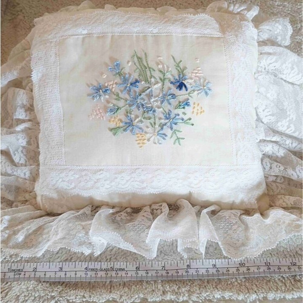 Vintage Handmade Lace Cross Stitch Throw Pillow Whimsy Core Size 12In